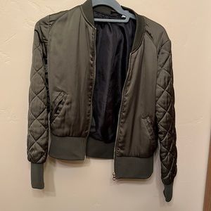 Green Bomber Jacket with Quilted Sleeves